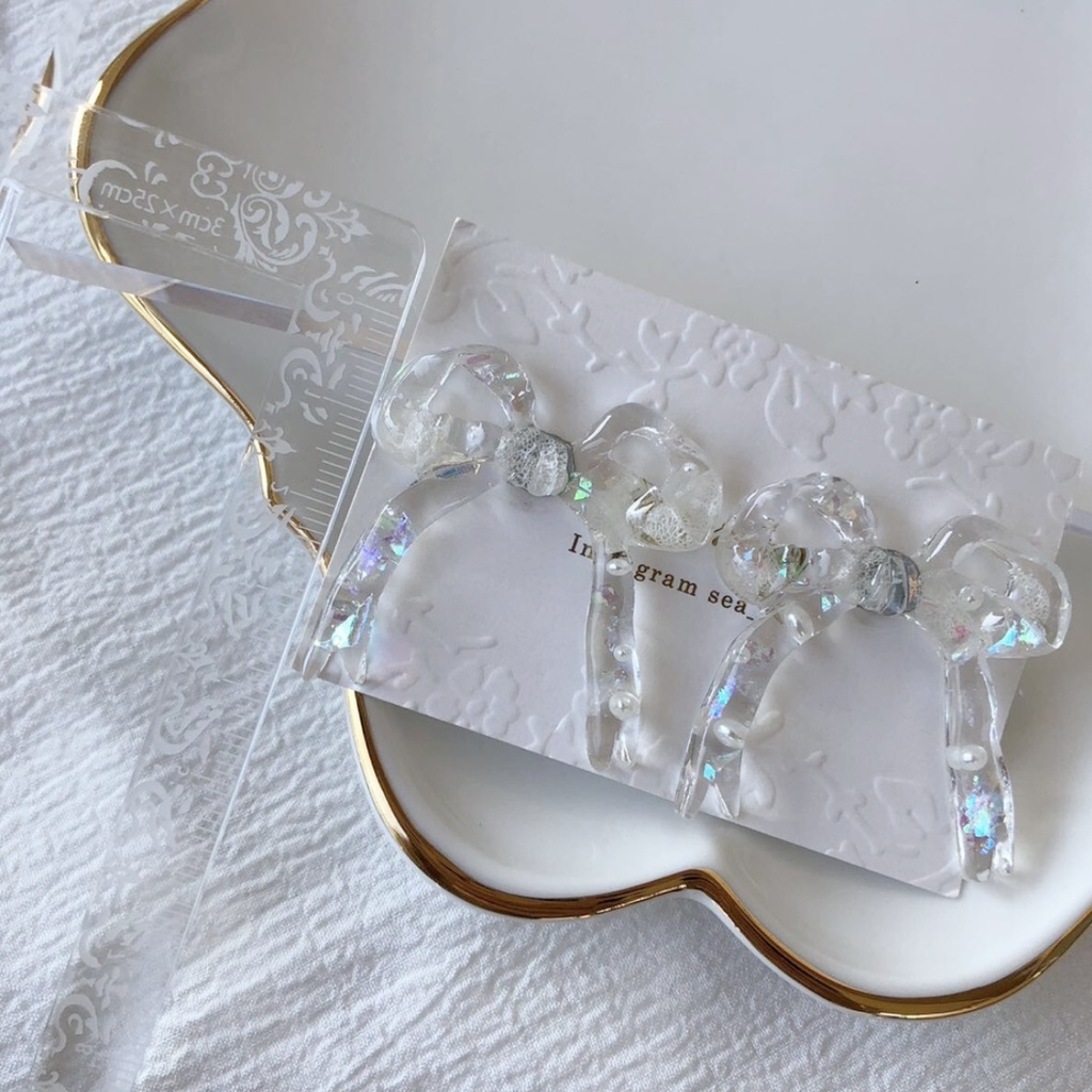 no.8 紫陽花とパールのリボンピアス ribbon ホワイトアナベル パール レジンピアス ハンドメイドピアス