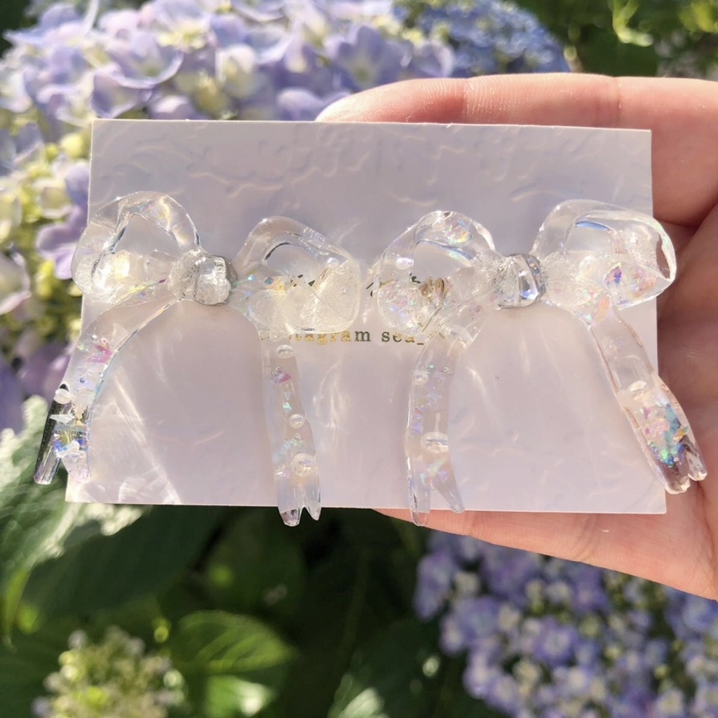 no.8 紫陽花とパールのリボンピアス ribbon ホワイトアナベル パール レジンピアス ハンドメイドピアス