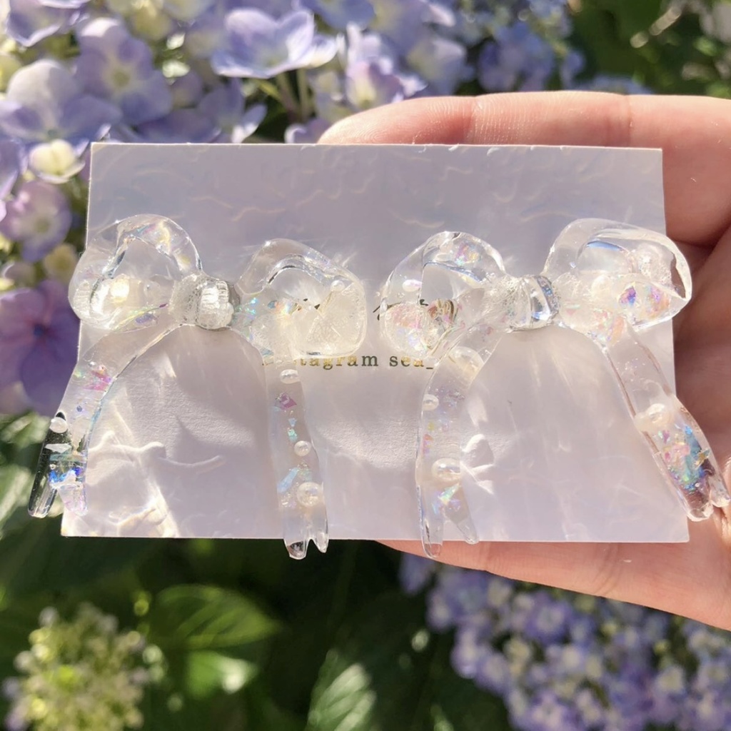 no.8 紫陽花とパールのリボンピアス ribbon ホワイトアナベル パール レジンピアス ハンドメイドピアス