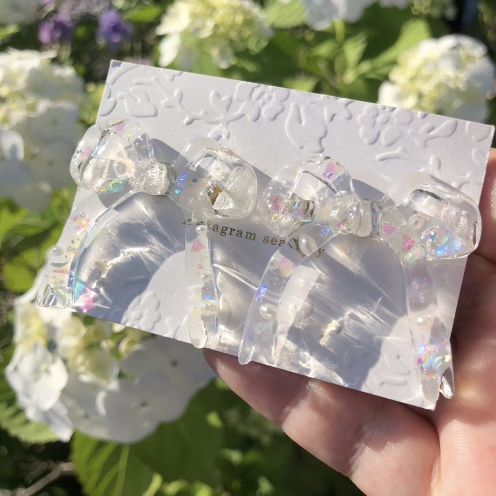 no.8 紫陽花とパールのリボンピアス ribbon ホワイトアナベル パール レジンピアス ハンドメイドピアス