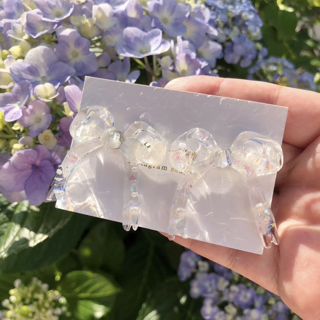 no.8 紫陽花とパールのリボンピアス ribbon ホワイトアナベル パール レジンピアス ハンドメイドピアス