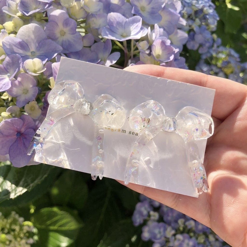 no.8 紫陽花とパールのリボンピアス ribbon ホワイトアナベル パール レジンピアス ハンドメイドピアス
