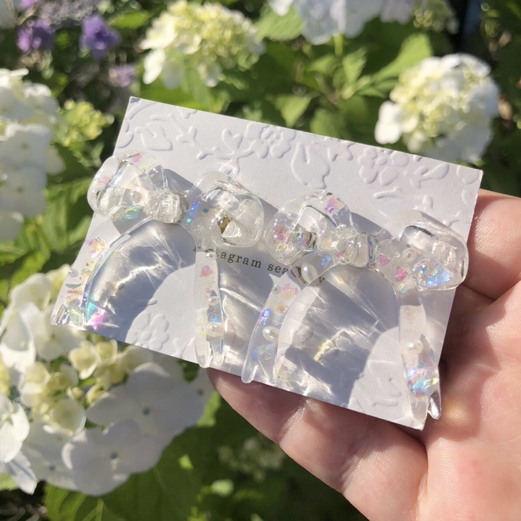 no.8 紫陽花とパールのリボンピアス ribbon ホワイトアナベル パール レジンピアス ハンドメイドピアス