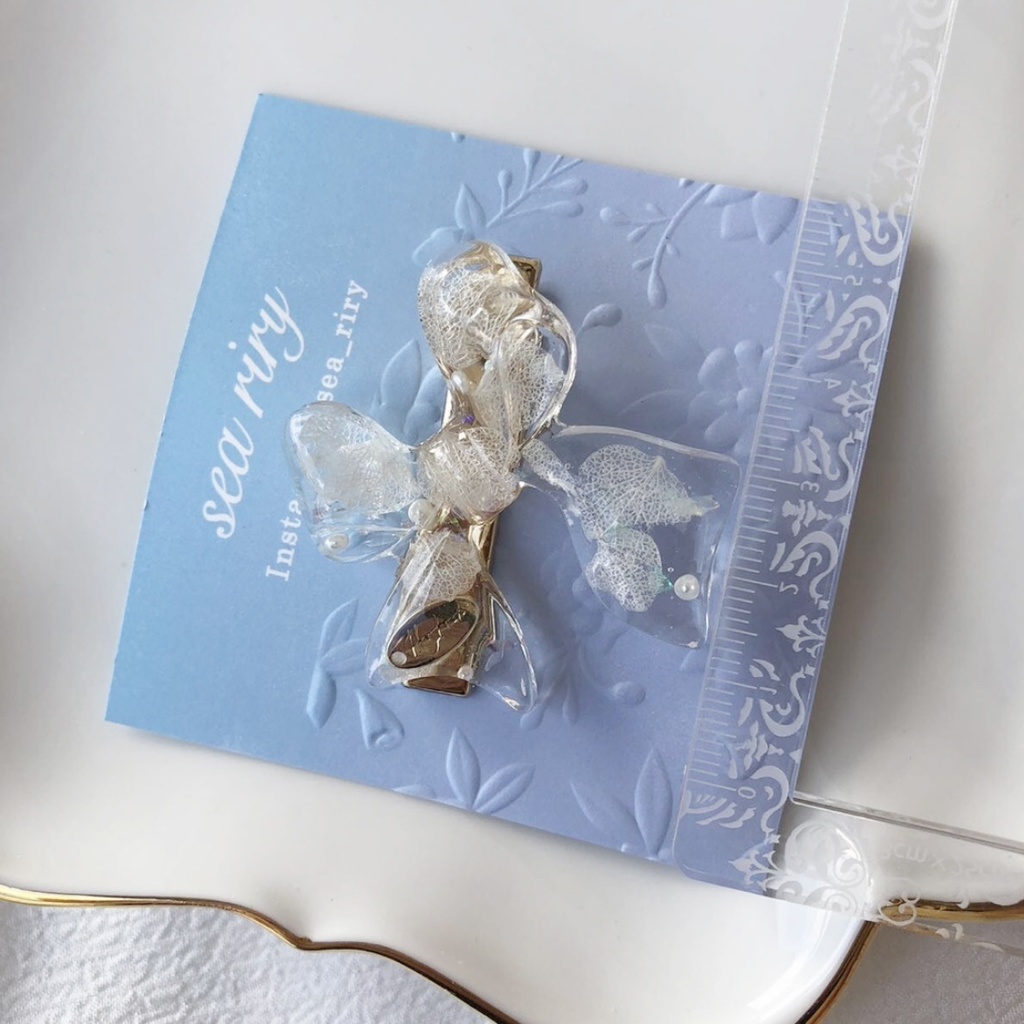 no.9 sale 紫陽花とパールのリボンヘアクリップ あじさい ホワイトアナベル パール ribbon レジンクリップ ヘアアクセサリー ハンドメイドクリップ