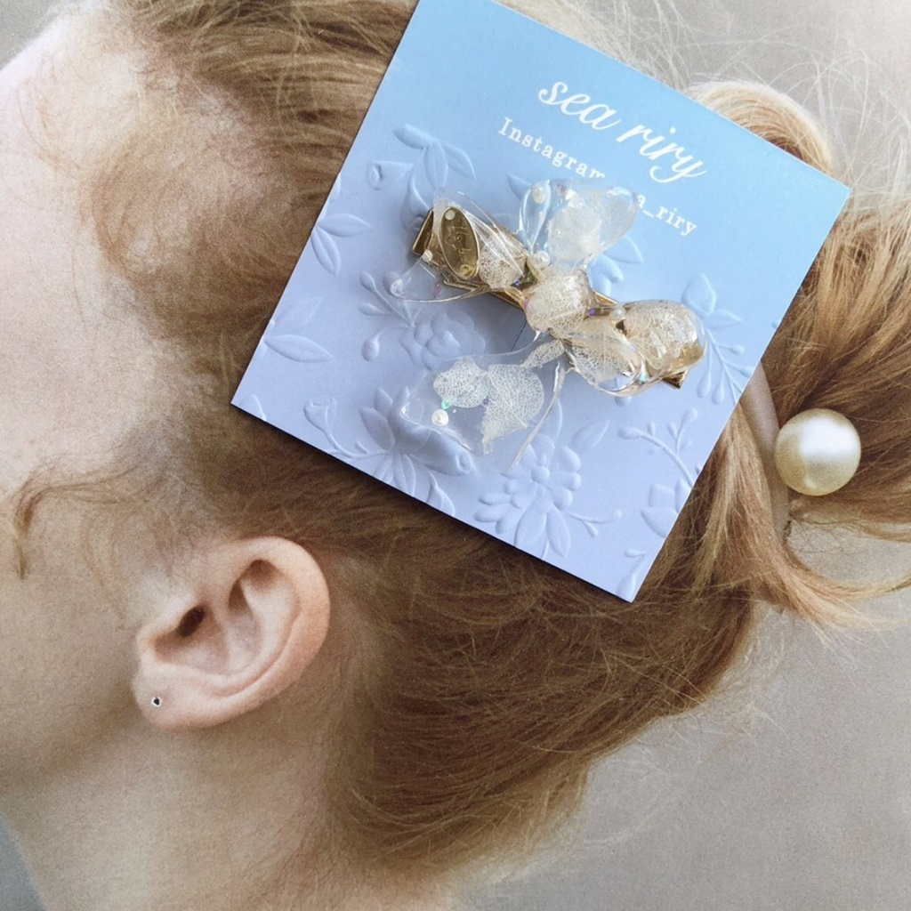 no.9 sale 紫陽花とパールのリボンヘアクリップ あじさい ホワイトアナベル パール ribbon レジンクリップ ヘアアクセサリー ハンドメイドクリップ
