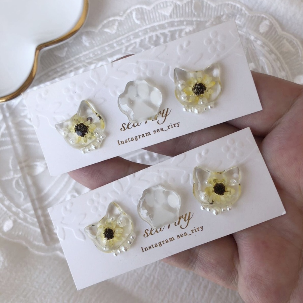 no.24 再販 向日葵のパールおめかしねこちゃん ひまわり スターフラワー パール レジン ピアス イヤリング