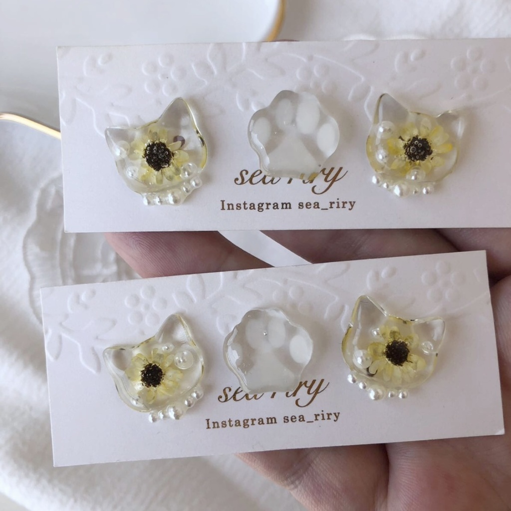 no.24 再販 向日葵のパールおめかしねこちゃん ひまわり スターフラワー パール レジン ピアス イヤリング