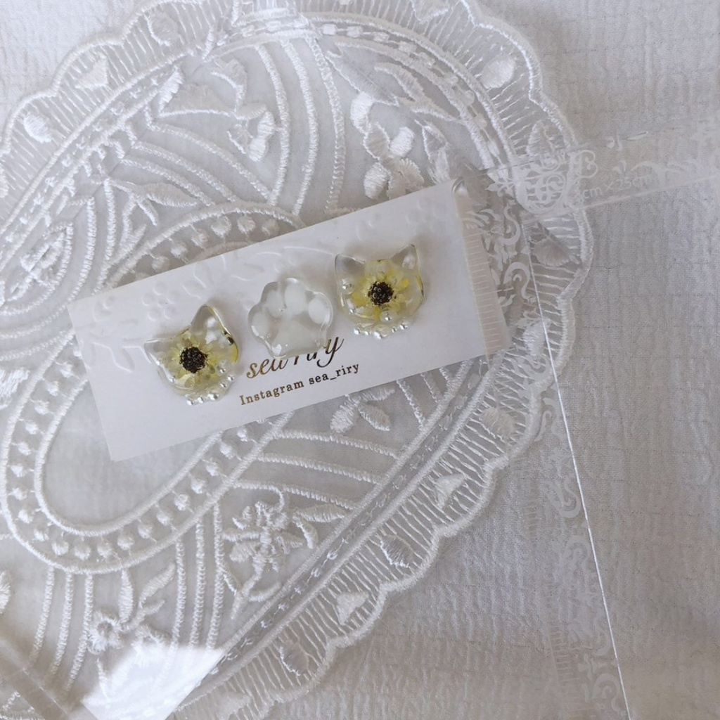 no.24 再販 向日葵のパールおめかしねこちゃん ひまわり スターフラワー パール レジン ピアス イヤリング