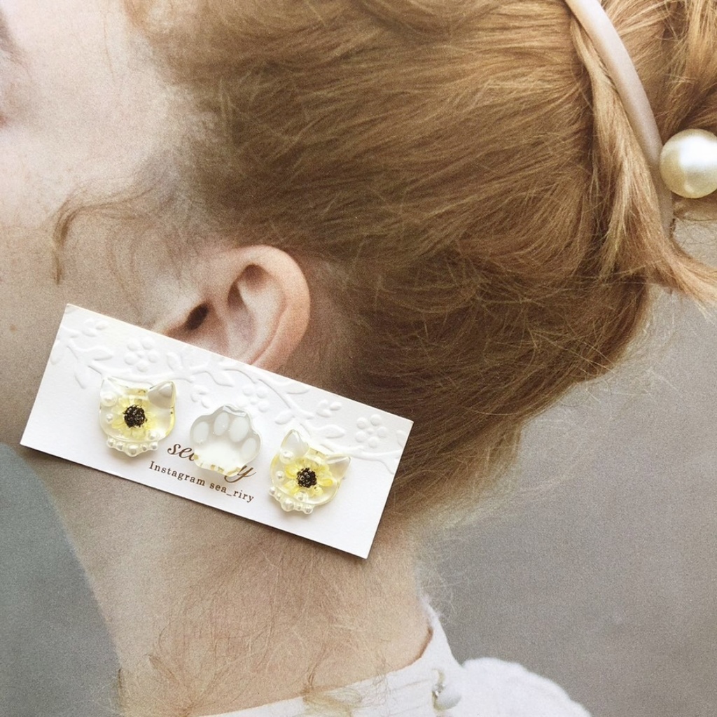 no.24 再販 向日葵のパールおめかしねこちゃん ひまわり スターフラワー パール レジン ピアス イヤリング