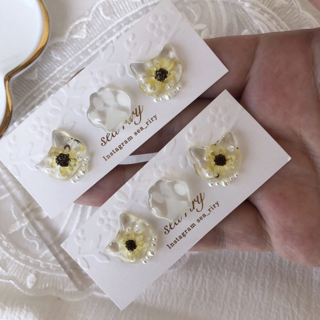 no.24 再販 向日葵のパールおめかしねこちゃん ひまわり スターフラワー パール レジン ピアス イヤリング