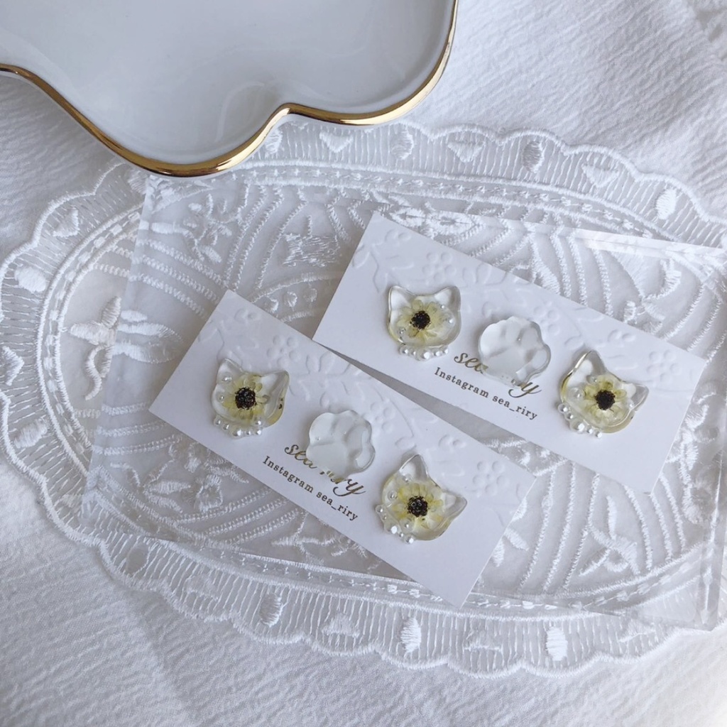 no.24 再販 向日葵のパールおめかしねこちゃん ひまわり スターフラワー パール レジン ピアス イヤリング