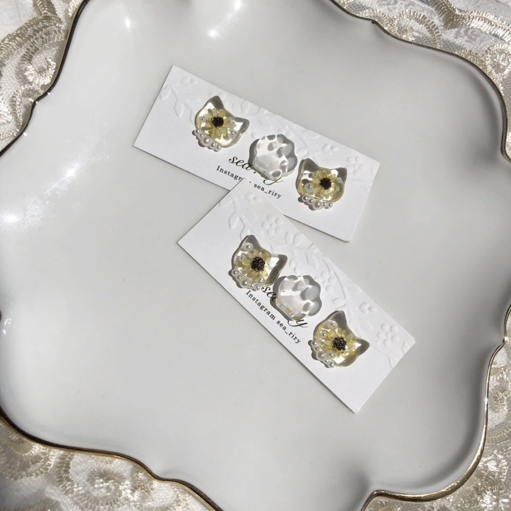 no.24 再販 向日葵のパールおめかしねこちゃん ひまわり スターフラワー パール レジン ピアス イヤリング