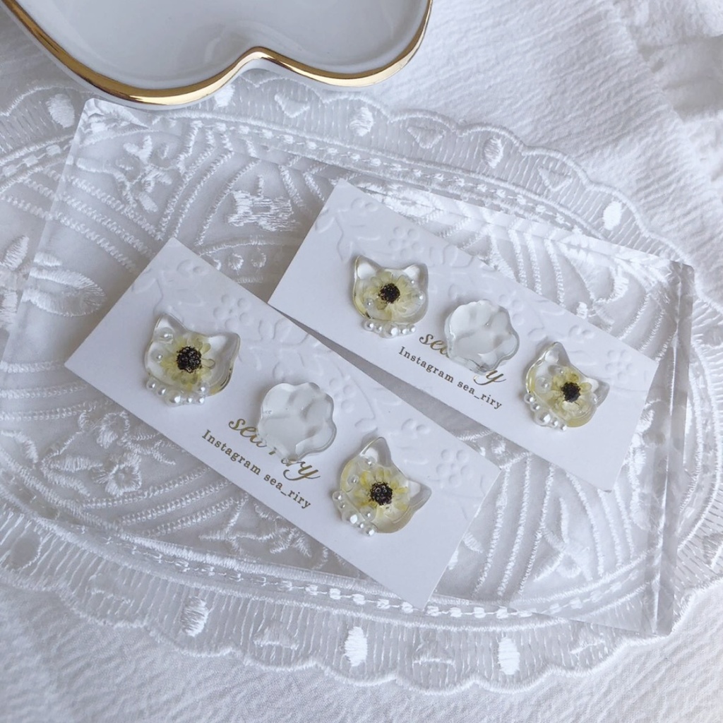 no.24 再販 向日葵のパールおめかしねこちゃん ひまわり スターフラワー パール レジン ピアス イヤリング