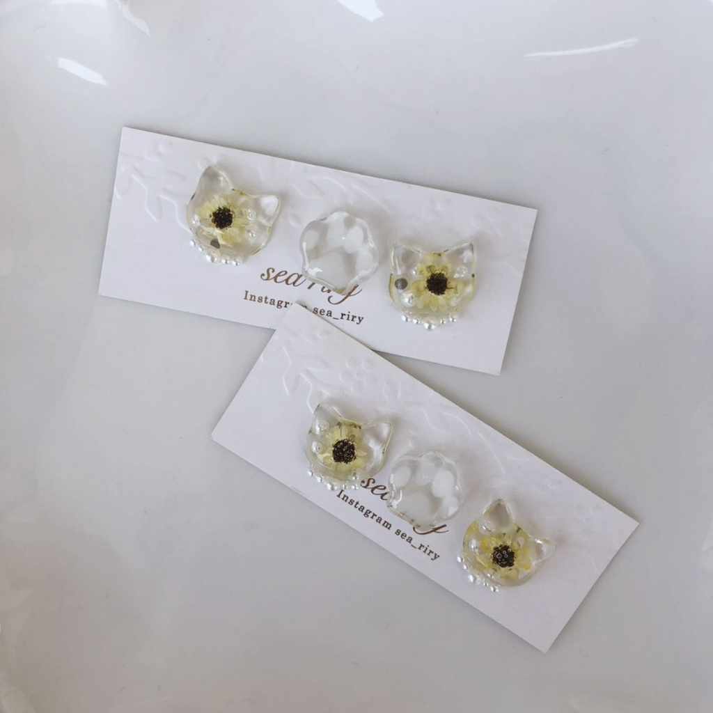 no.24 再販 向日葵のパールおめかしねこちゃん ひまわり スターフラワー パール レジン ピアス イヤリング