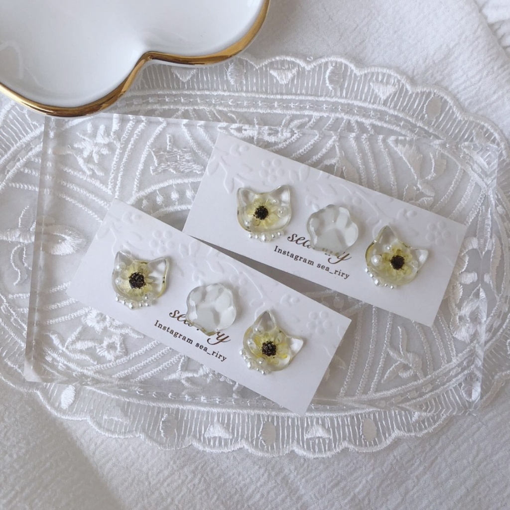 no.24 再販 向日葵のパールおめかしねこちゃん ひまわり スターフラワー パール レジン ピアス イヤリング