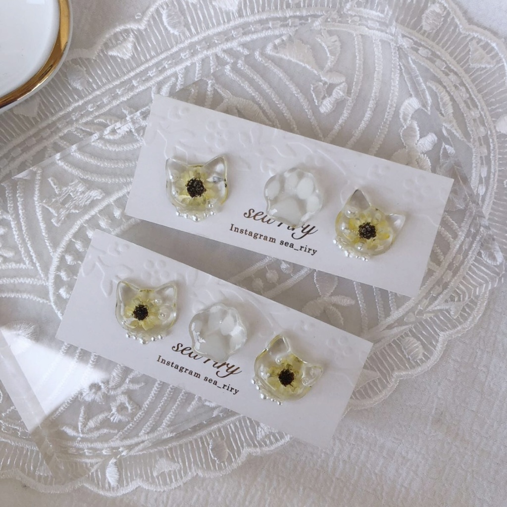 no.24 再販 向日葵のパールおめかしねこちゃん ひまわり スターフラワー パール レジン ピアス イヤリング