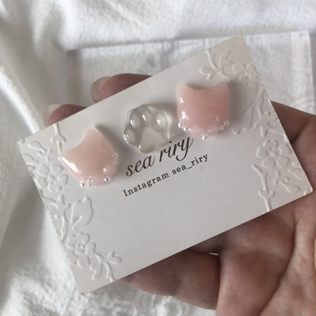 no.30 いちごみるくのおめかしねこちゃん 苺ミルク ピンク リボン パール 猫 ネコ レジン ピアス イヤリング ハンドメイド