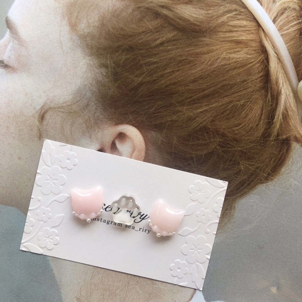 no.30 いちごみるくのおめかしねこちゃん 苺ミルク ピンク リボン パール 猫 ネコ レジン ピアス イヤリング ハンドメイド