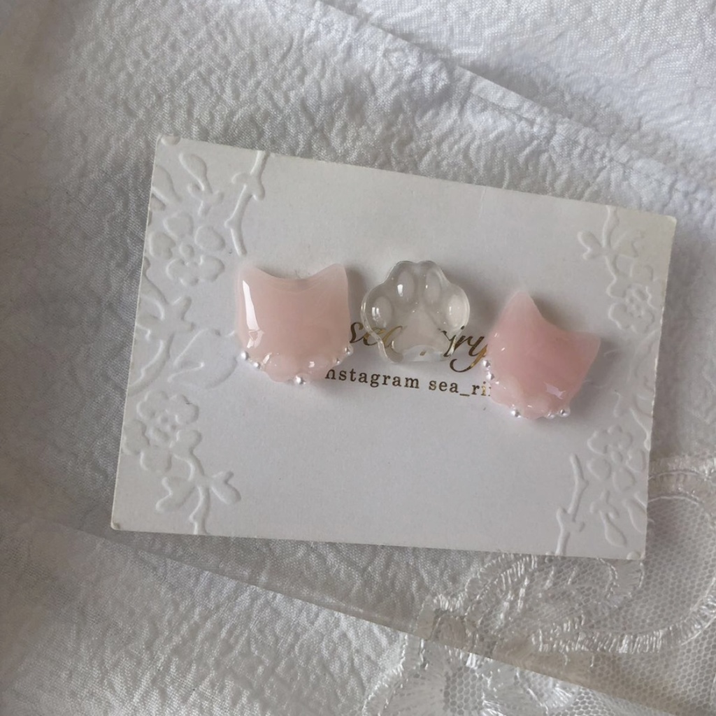 no.30 いちごみるくのおめかしねこちゃん 苺ミルク ピンク リボン パール 猫 ネコ レジン ピアス イヤリング ハンドメイド