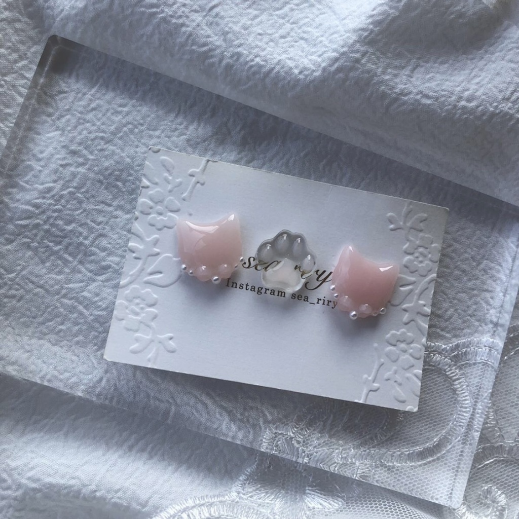 no.30 いちごみるくのおめかしねこちゃん 苺ミルク ピンク リボン パール 猫 ネコ レジン ピアス イヤリング ハンドメイド