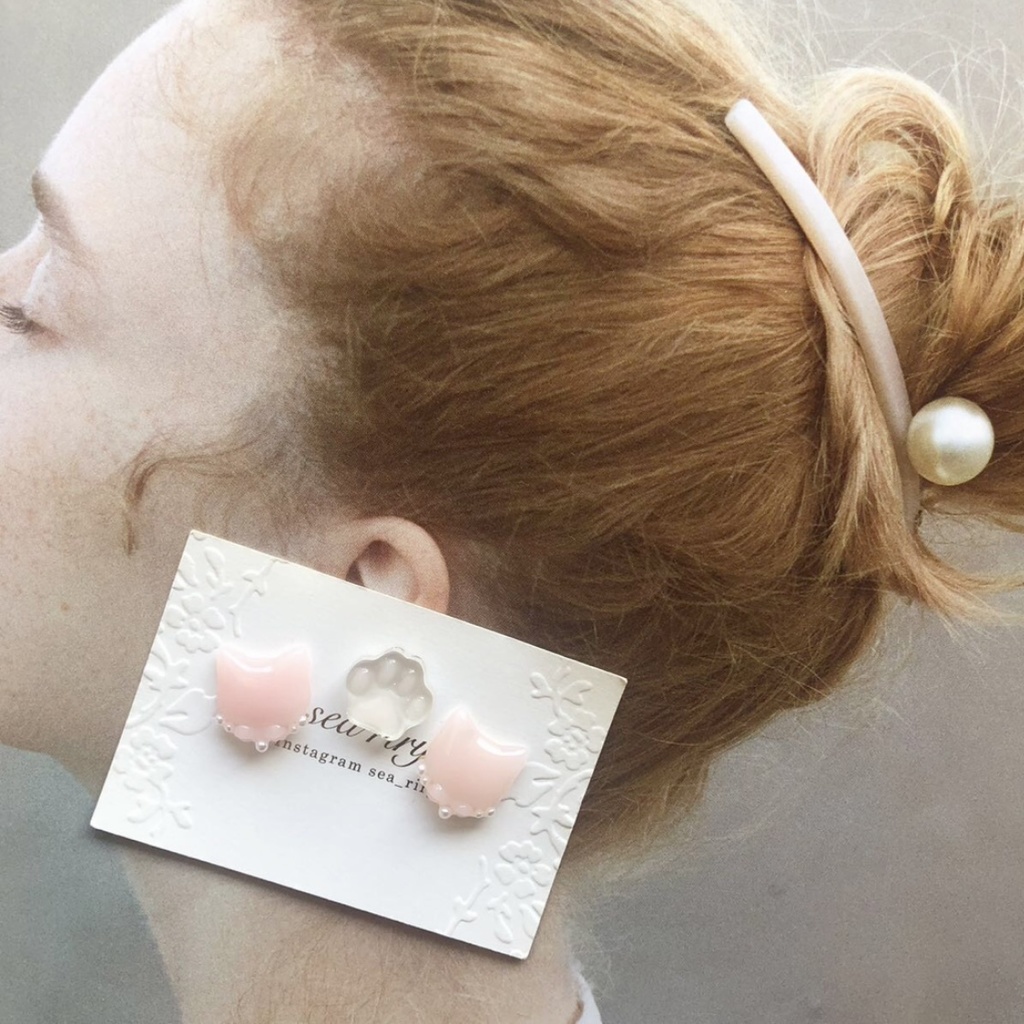 no.30 いちごみるくのおめかしねこちゃん 苺ミルク ピンク リボン パール 猫 ネコ レジン ピアス イヤリング ハンドメイド