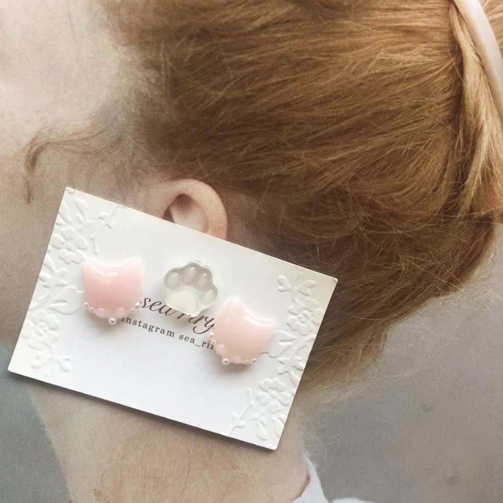 no.30 いちごみるくのおめかしねこちゃん 苺ミルク ピンク リボン パール 猫 ネコ レジン ピアス イヤリング ハンドメイド