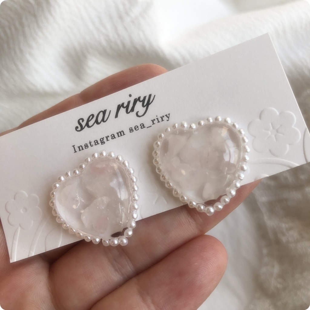 no.38 再販 ローズクォーツのハートパール 天然石 ローズクォーツ パール レジン ピアス イヤリング ハンドメイド