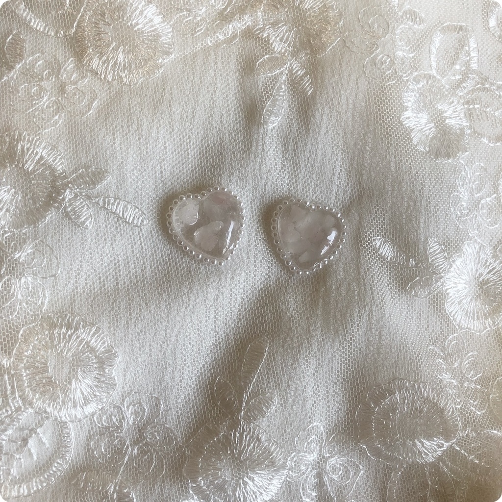 no.38 再販 ローズクォーツのハートパール 天然石 ローズクォーツ パール レジン ピアス イヤリング ハンドメイド