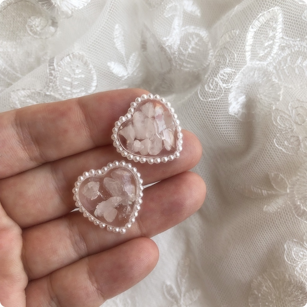 no.38 再販 ローズクォーツのハートパール 天然石 ローズクォーツ パール レジン ピアス イヤリング ハンドメイド