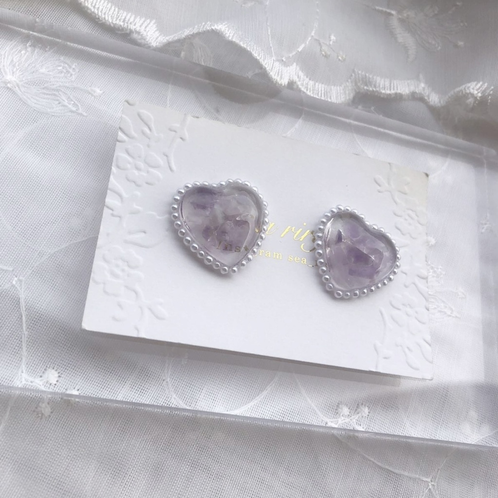 no.39 天然石 アメジストのハートパール ハート レジン ピアス イヤリング ハンドメイド