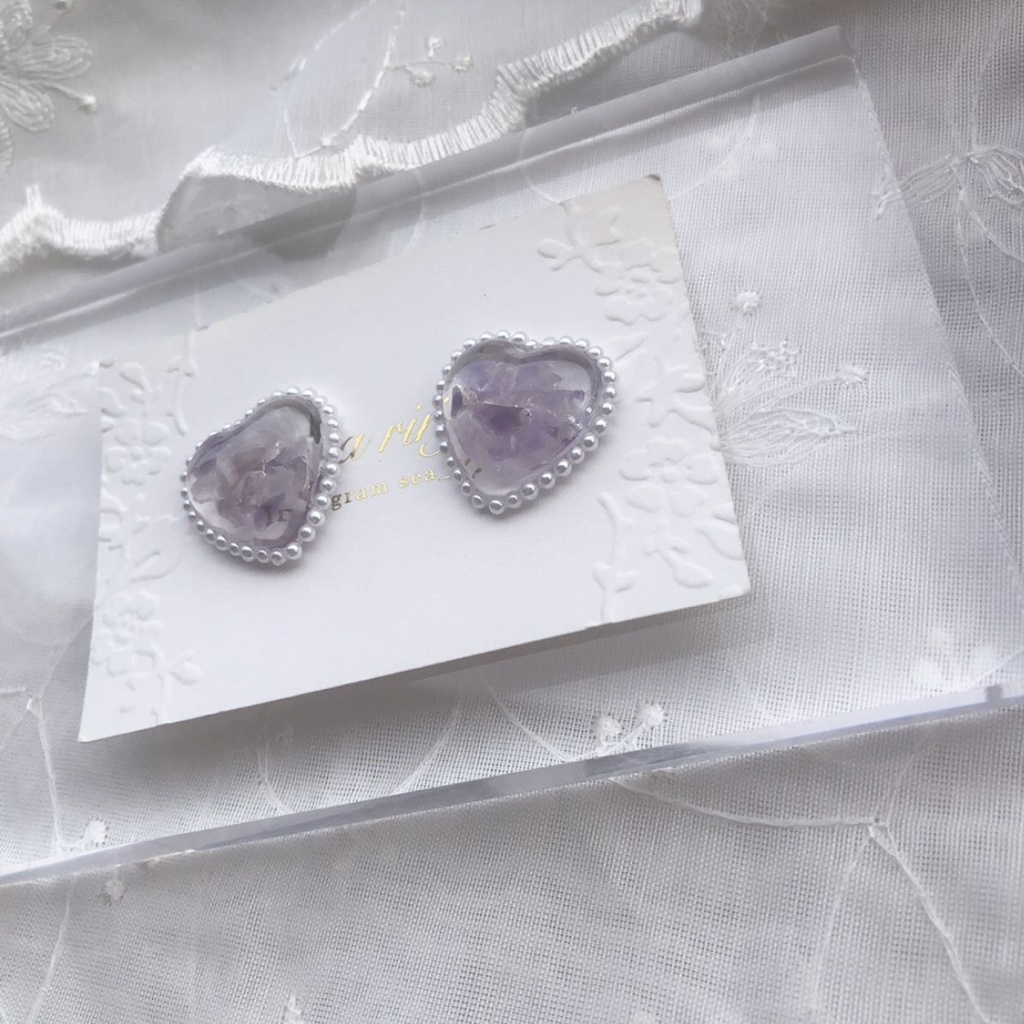 no.39 天然石 アメジストのハートパール ハート レジン ピアス イヤリング ハンドメイド