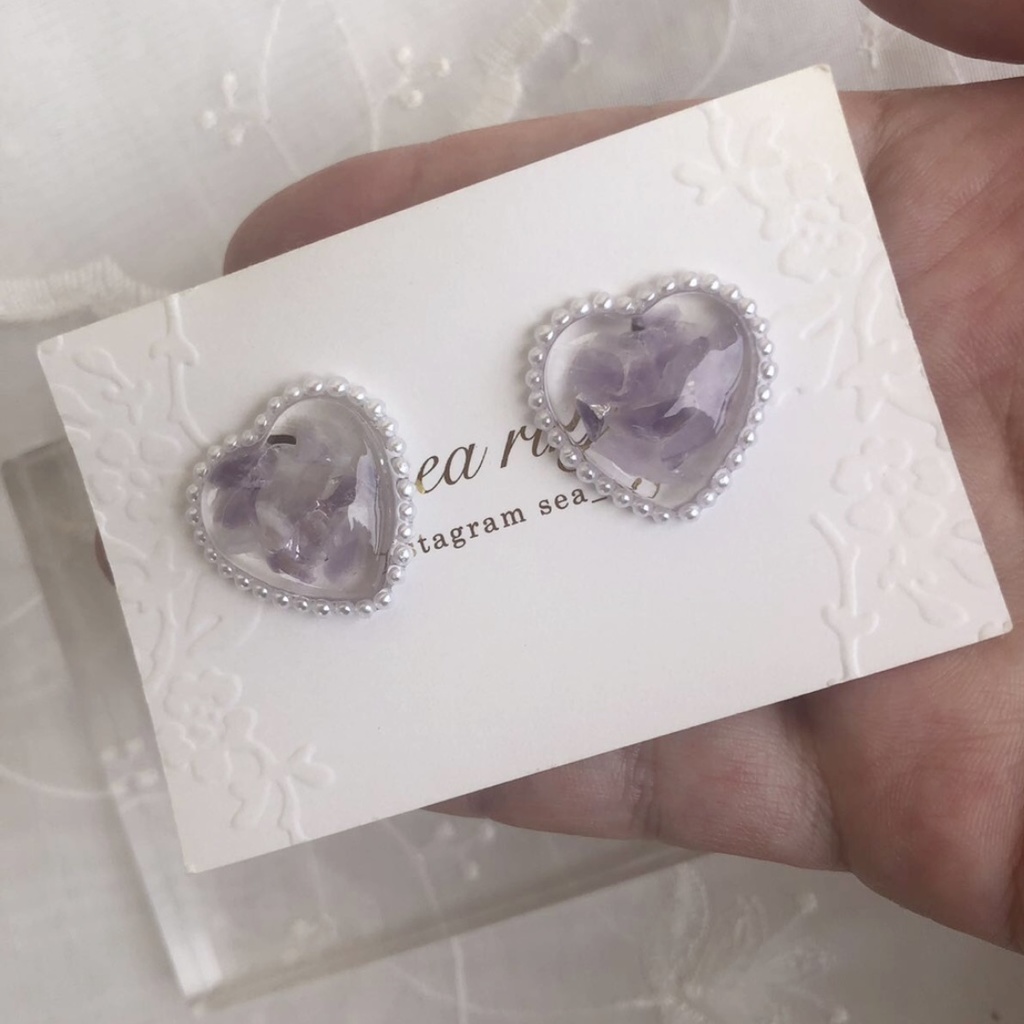 no.39 天然石 アメジストのハートパール ハート レジン ピアス イヤリング ハンドメイド