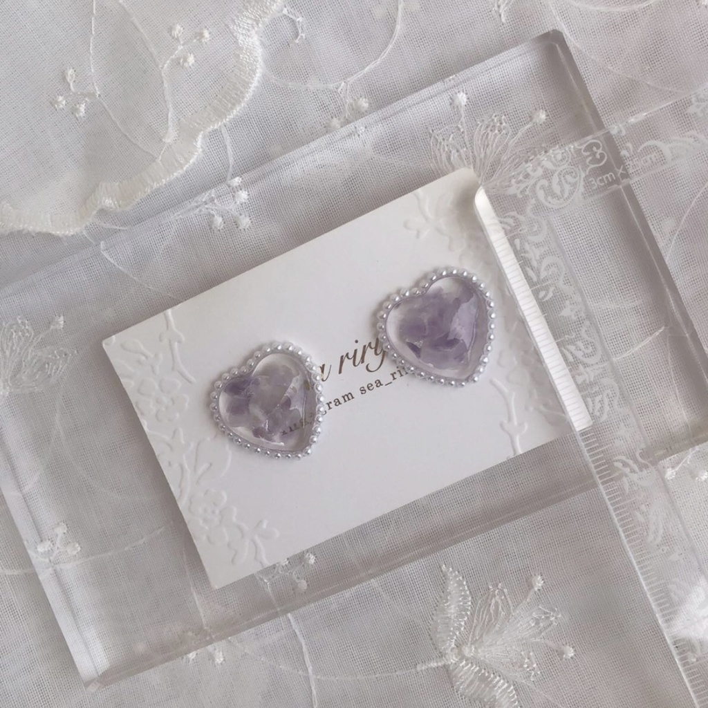 no.39 天然石 アメジストのハートパール ハート レジン ピアス イヤリング ハンドメイド