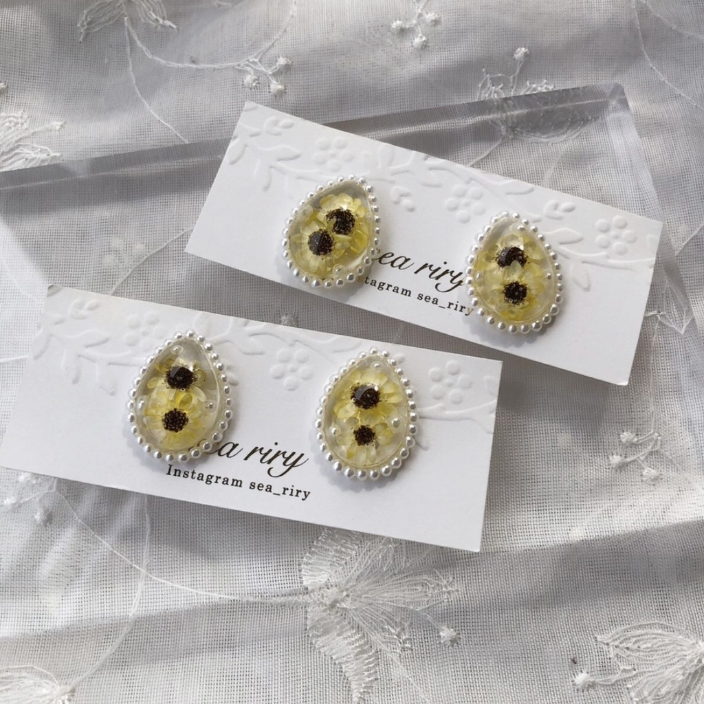 no.40 限定 sale 向日葵パールの雫ピアス ひまわり スターフラワー しずく レジン ピアス イヤリング ハンドメイド