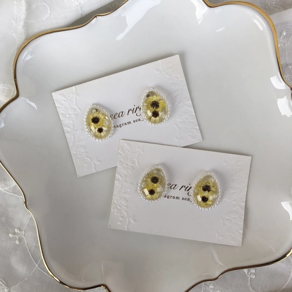 no.40 限定 sale 向日葵パールの雫ピアス ひまわり スターフラワー しずく レジン ピアス イヤリング ハンドメイド