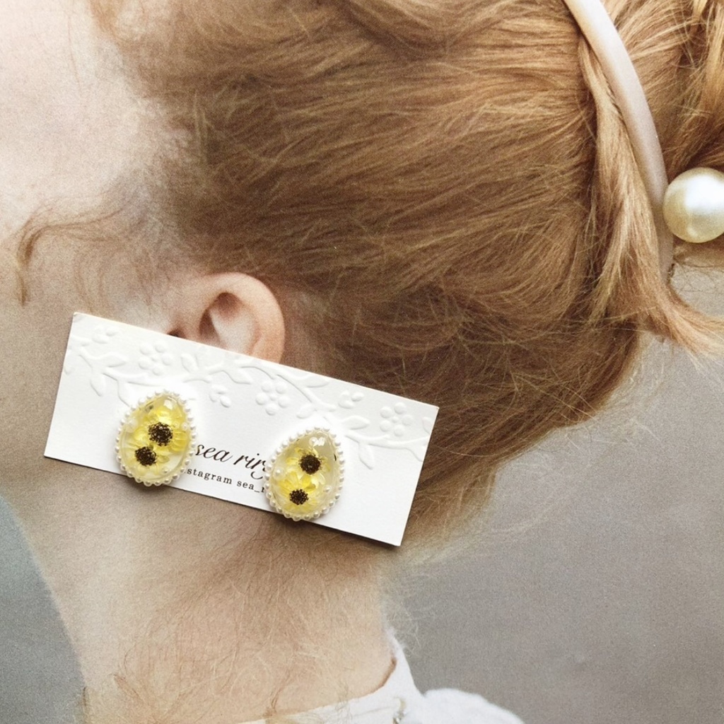 no.40 限定 sale 向日葵パールの雫ピアス ひまわり スターフラワー しずく レジン ピアス イヤリング ハンドメイド