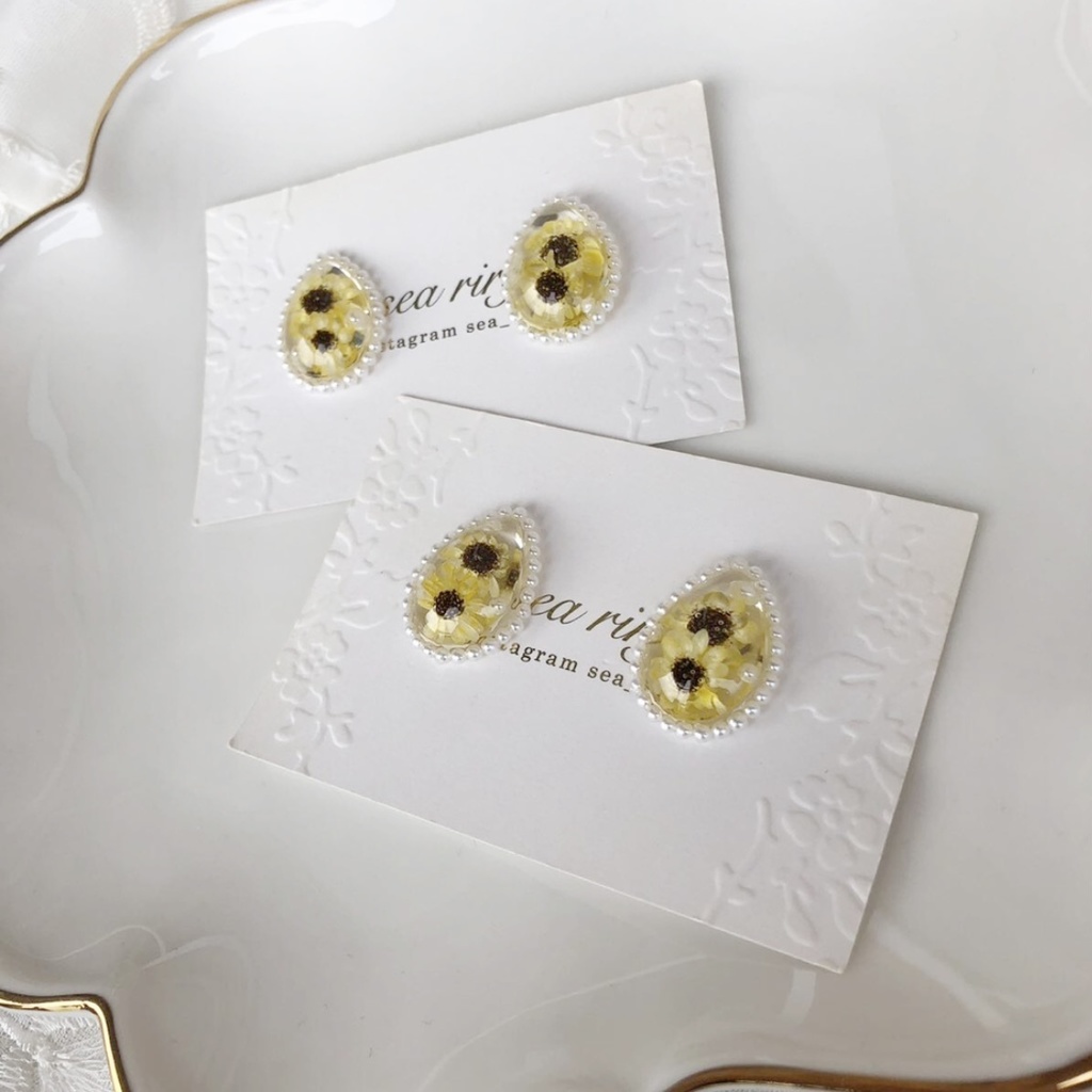 no.40 限定 sale 向日葵パールの雫ピアス ひまわり スターフラワー しずく レジン ピアス イヤリング ハンドメイド