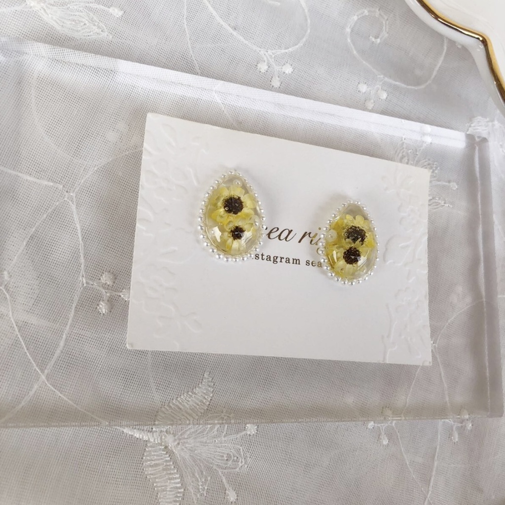 no.40 限定 sale 向日葵パールの雫ピアス ひまわり スターフラワー しずく レジン ピアス イヤリング ハンドメイド