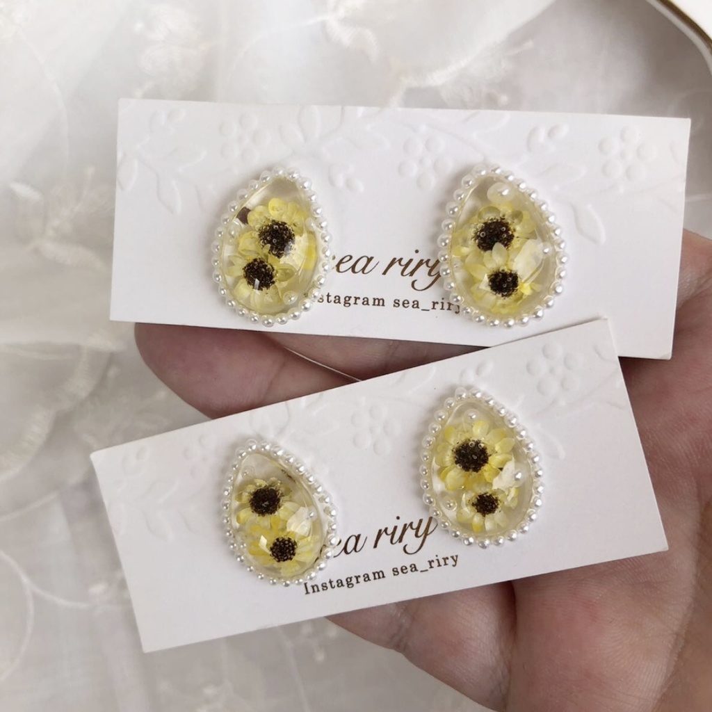 no.40 限定 sale 向日葵パールの雫ピアス ひまわり スターフラワー しずく レジン ピアス イヤリング ハンドメイド