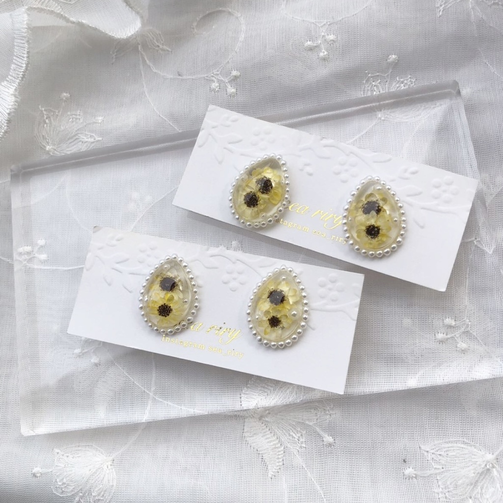 no.40 限定 sale 向日葵パールの雫ピアス ひまわり スターフラワー しずく レジン ピアス イヤリング ハンドメイド