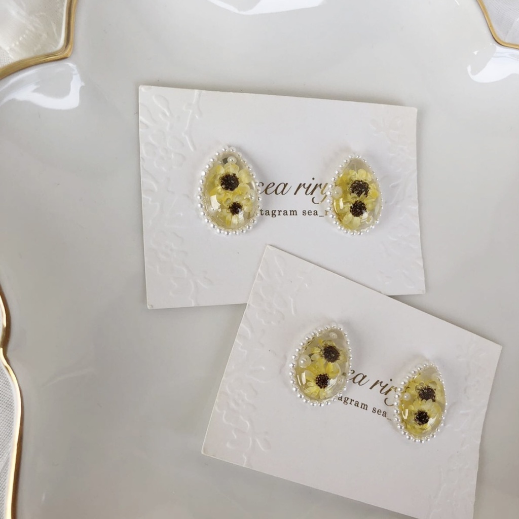 no.40 限定 sale 向日葵パールの雫ピアス ひまわり スターフラワー しずく レジン ピアス イヤリング ハンドメイド