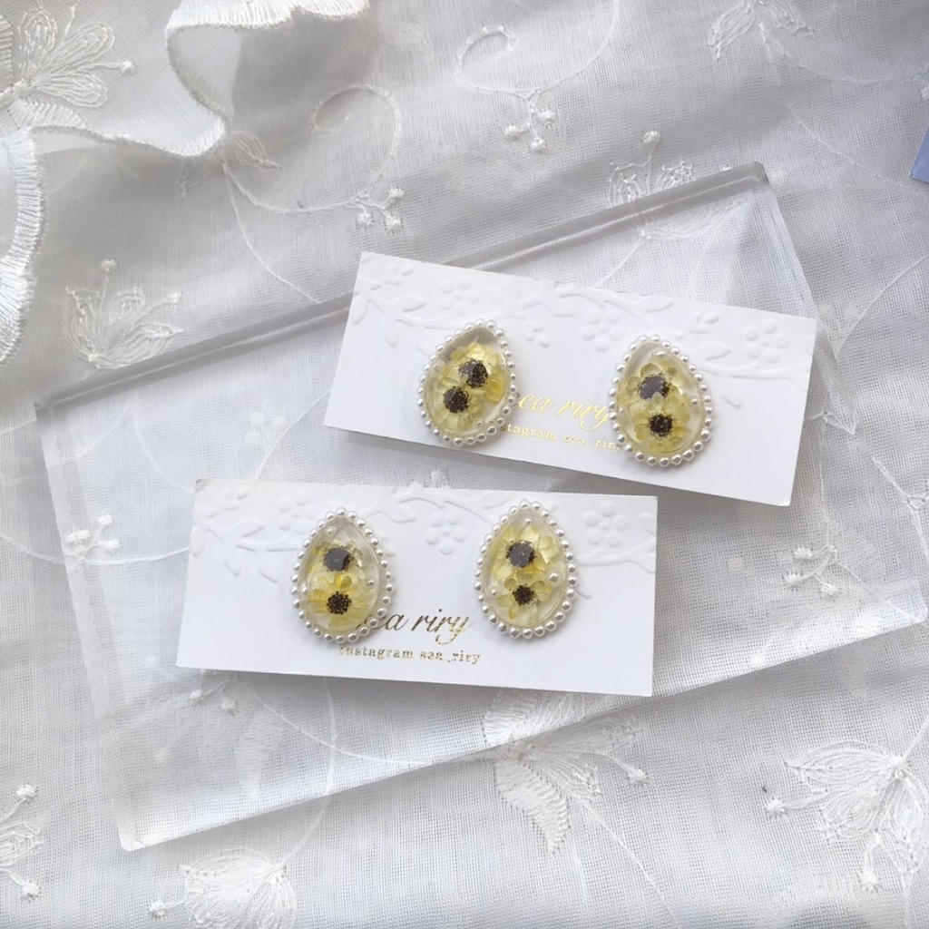 no.40 限定 sale 向日葵パールの雫ピアス ひまわり スターフラワー しずく レジン ピアス イヤリング ハンドメイド