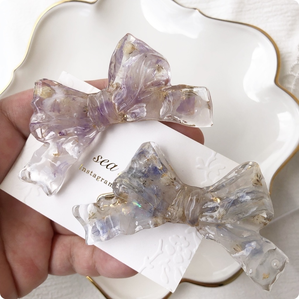 no.55 sale ドライフラワーのリボンヘアクリップ スターチス かすみ草 淡色 パープル ribbon ヘアクリップ ハンドメイド