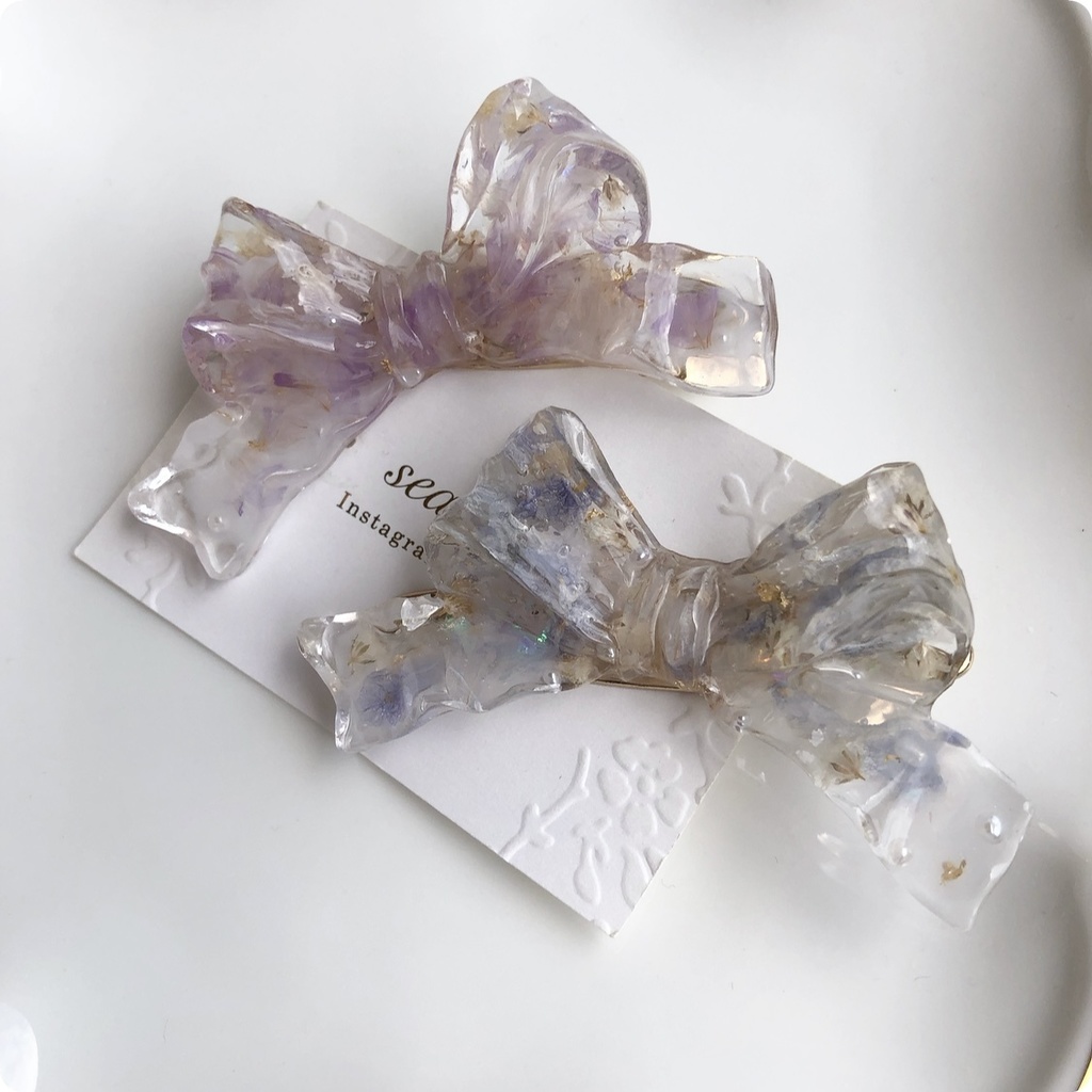 no.55 sale ドライフラワーのリボンヘアクリップ スターチス かすみ草 淡色 パープル ribbon ヘアクリップ ハンドメイド