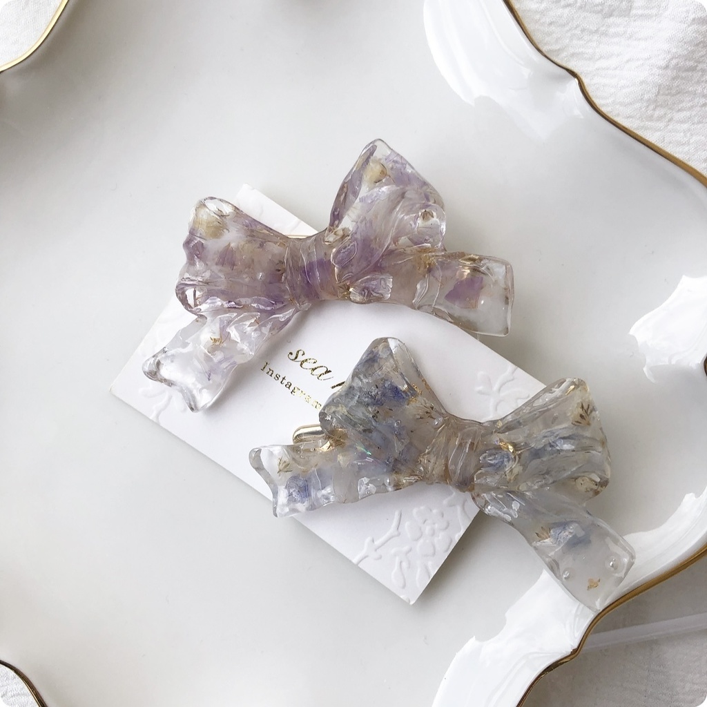 no.55 sale ドライフラワーのリボンヘアクリップ スターチス かすみ草 淡色 パープル ribbon ヘアクリップ ハンドメイド