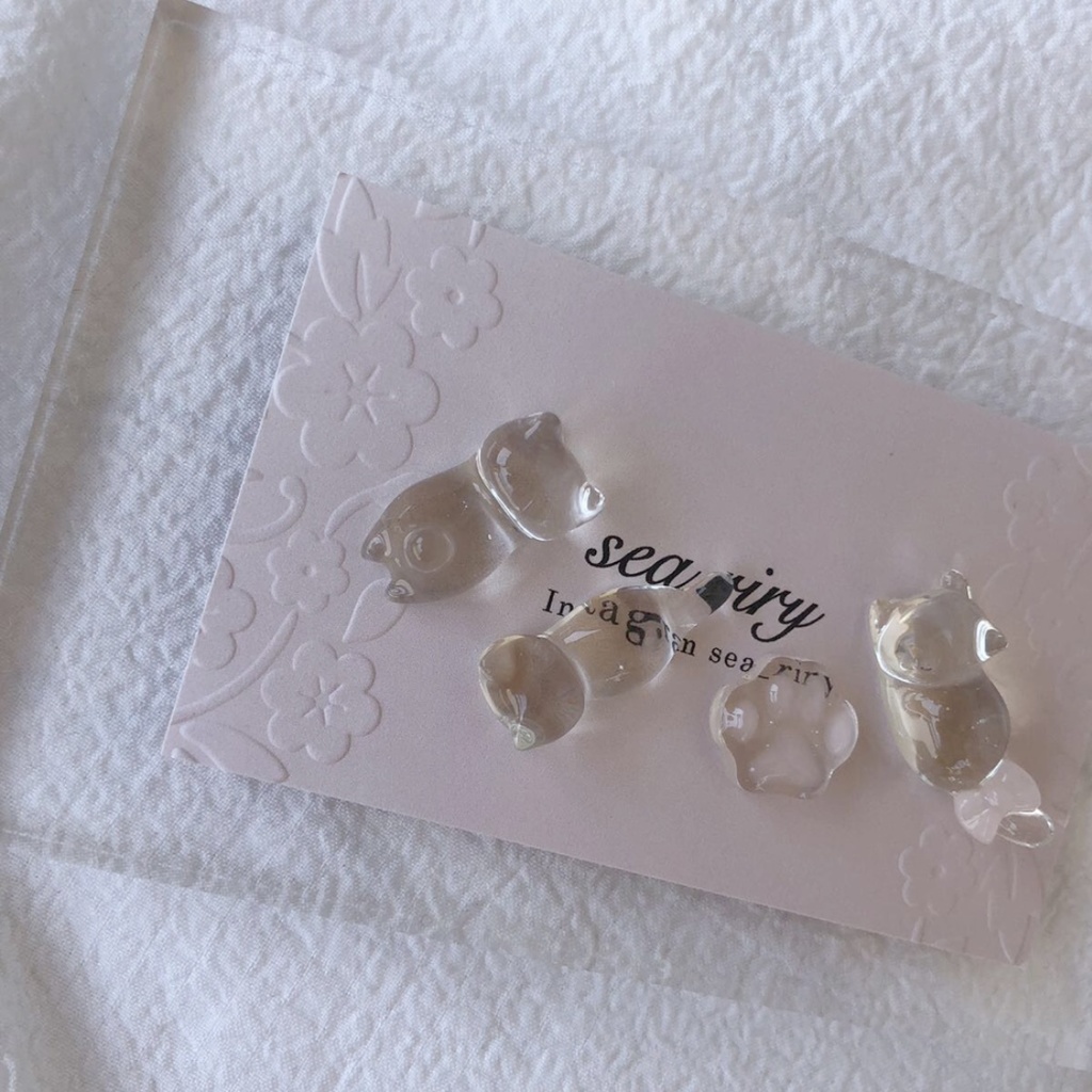 no.59 再販 限定セット つやつや氷みたいなねこちゃん 氷 涼 猫 ねこちゃん にくきゅう リボン レジンピアス イヤリング