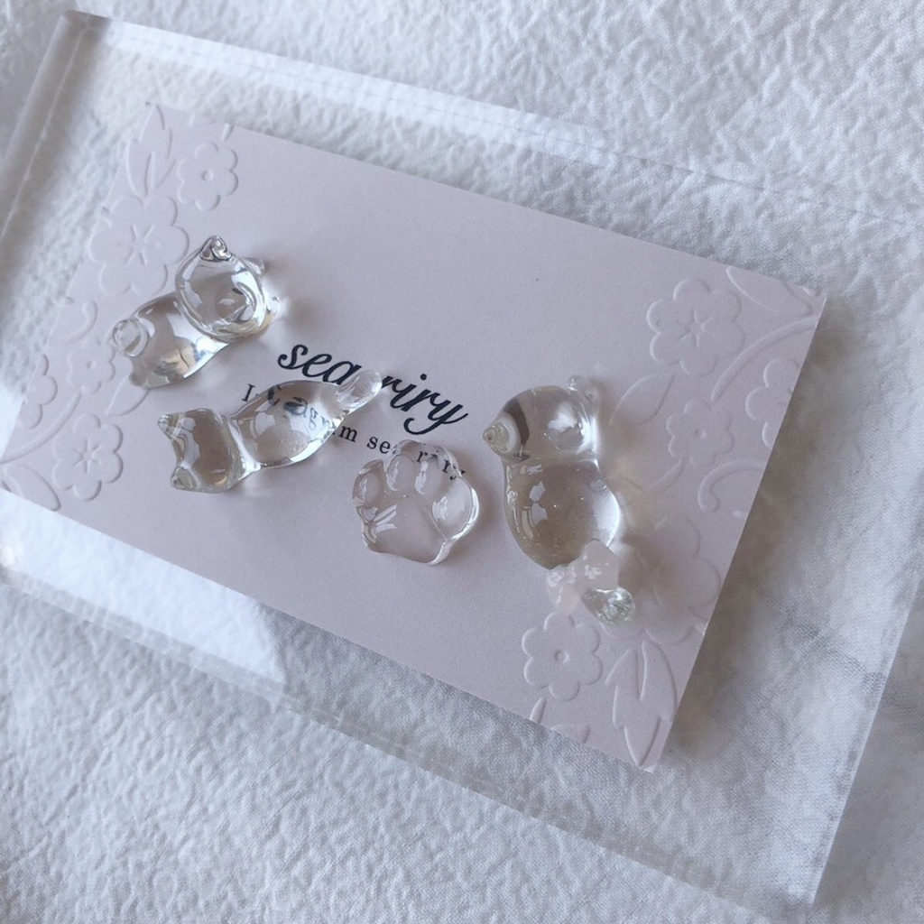 no.59 再販 限定セット つやつや氷みたいなねこちゃん 氷 涼 猫 ねこちゃん にくきゅう リボン レジンピアス イヤリング