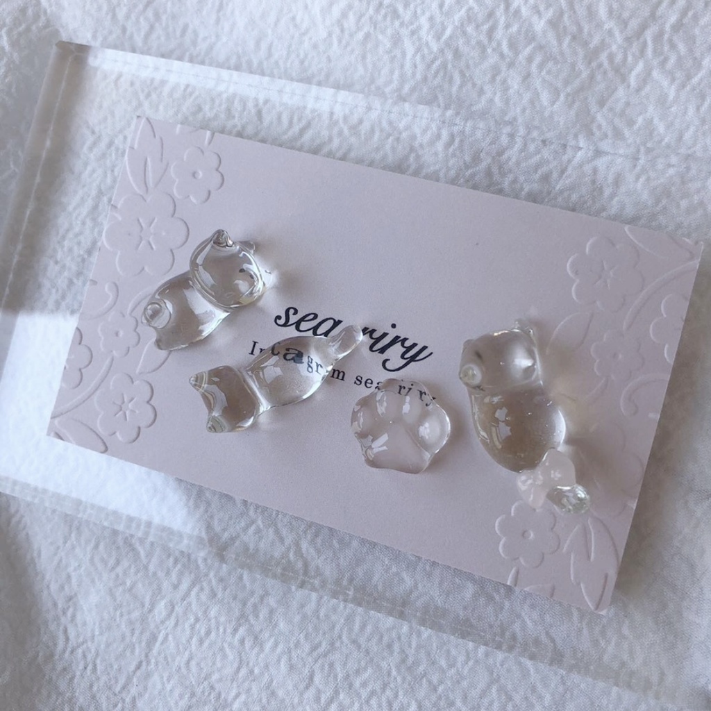 no.59 再販 限定セット つやつや氷みたいなねこちゃん 氷 涼 猫 ねこちゃん にくきゅう リボン レジンピアス イヤリング