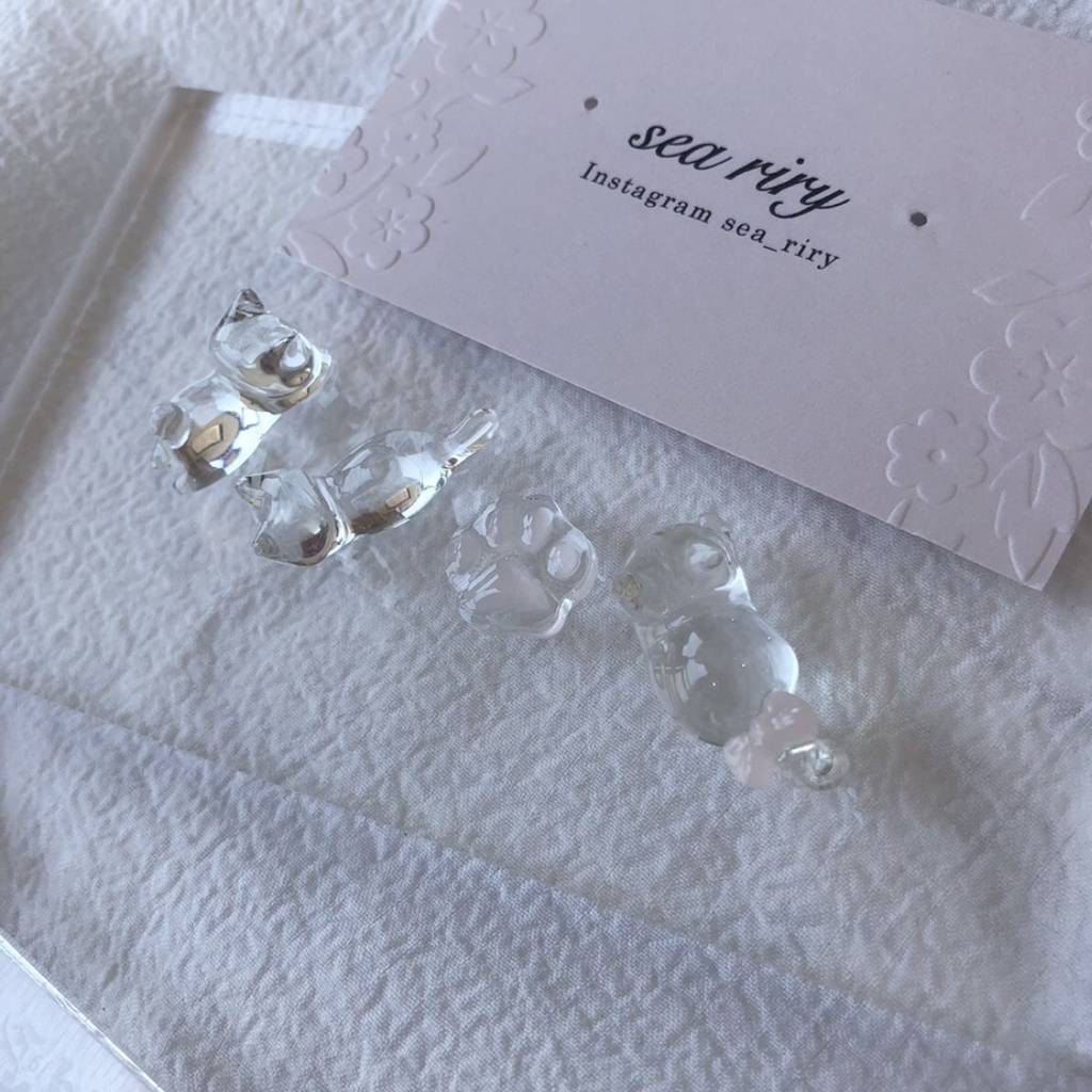 no.59 再販 限定セット つやつや氷みたいなねこちゃん 氷 涼 猫 ねこちゃん にくきゅう リボン レジンピアス イヤリング