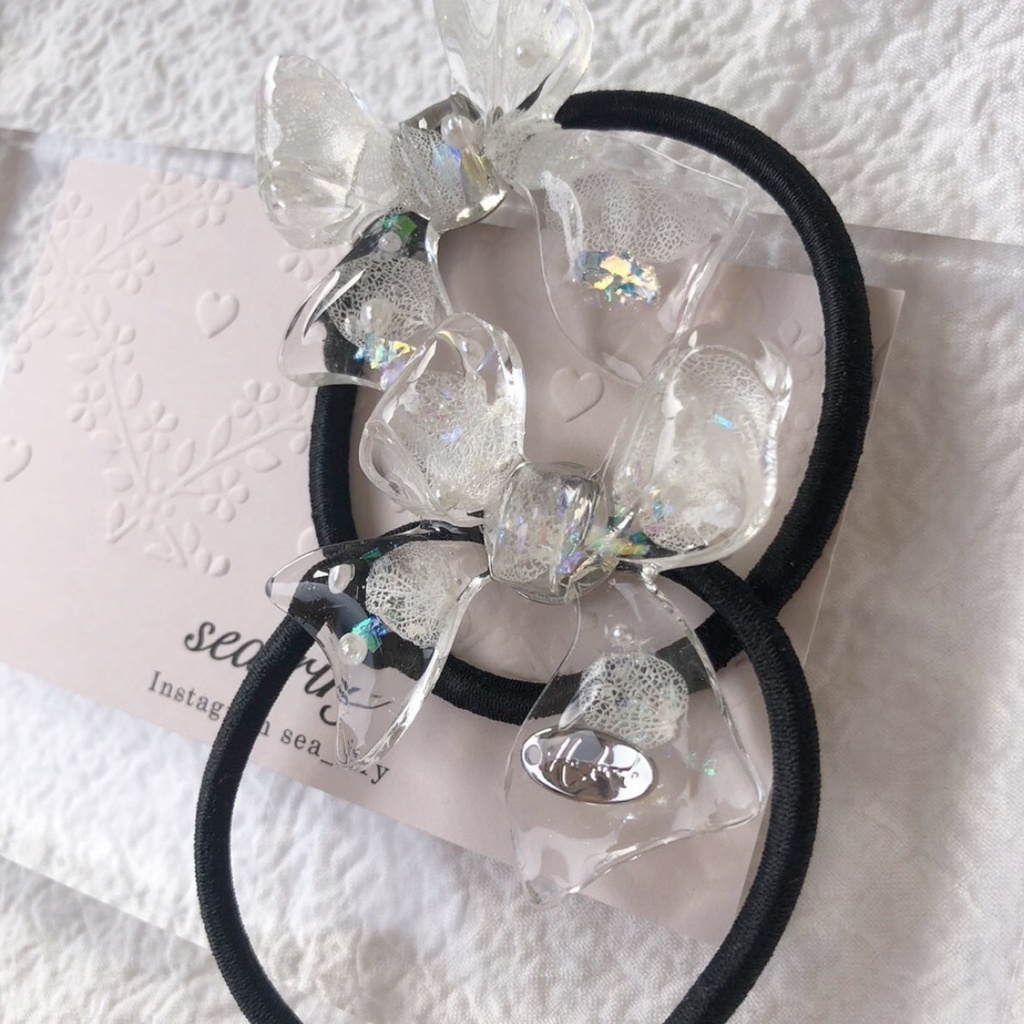 no.61 限定セット 紫陽花とパールのリボンヘアゴム アジサイ パール ribbon レジンヘアゴム ハンドメイド